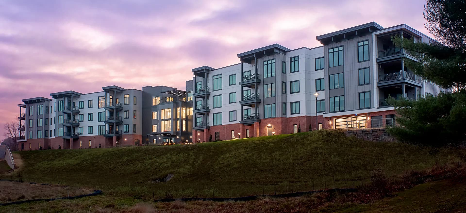 Exterior of buildings with sunset
